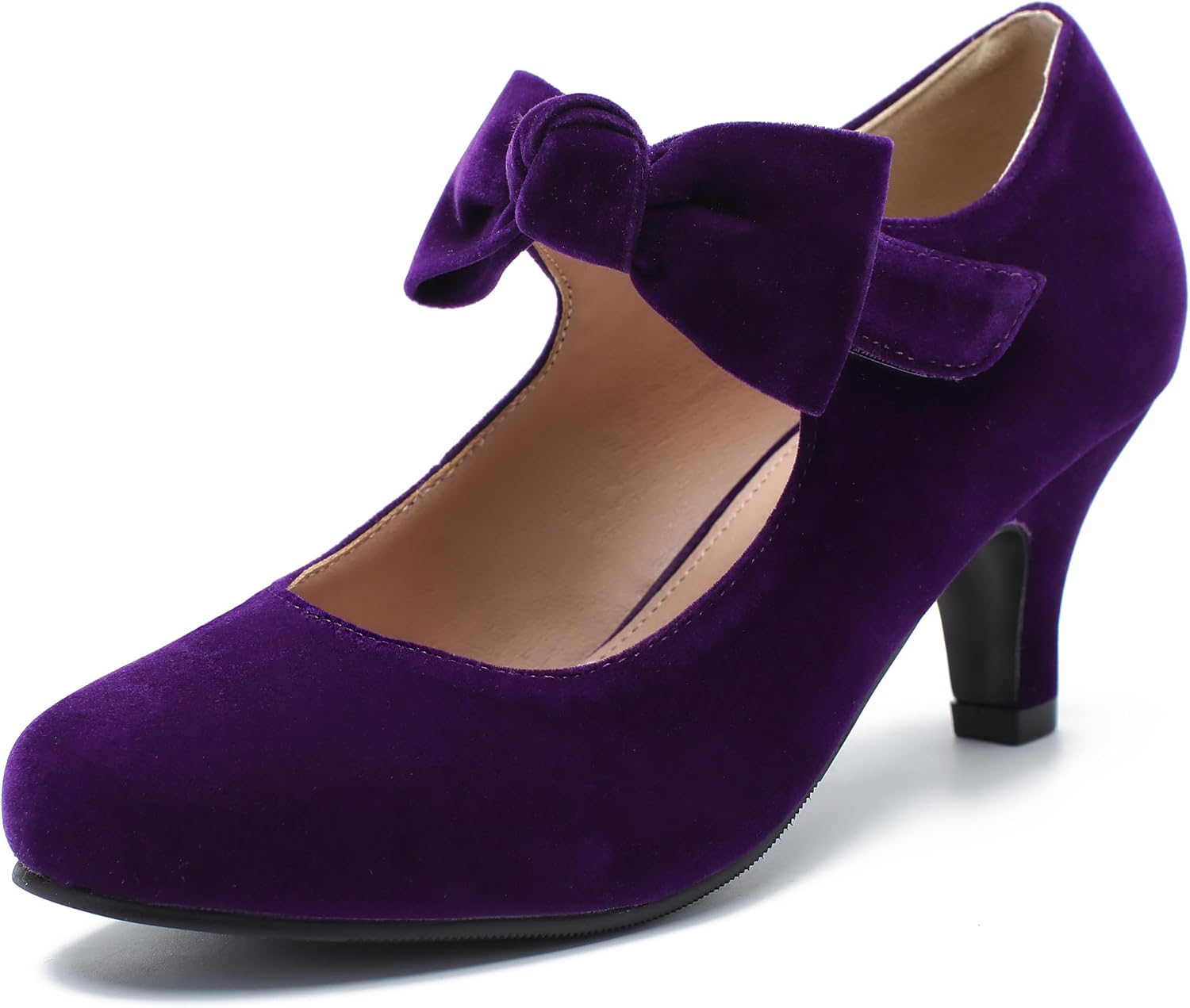 Women’s Velvet Bow Mary Jane Heels – Low Block Dress Pumps