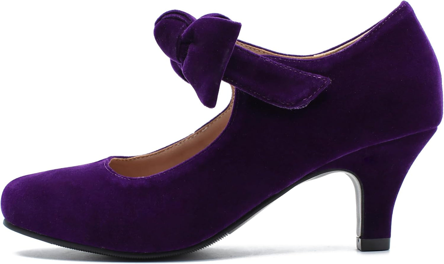 Women’s Velvet Bow Mary Jane Heels – Low Block Dress Pumps