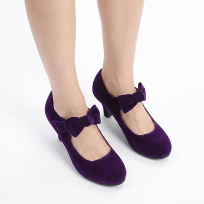 Women’s Velvet Bow Mary Jane Heels – Low Block Dress Pumps