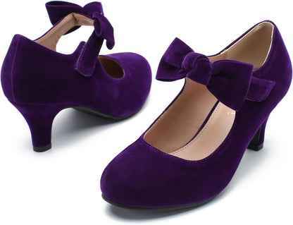 Women’s Velvet Bow Mary Jane Heels – Low Block Dress Pumps