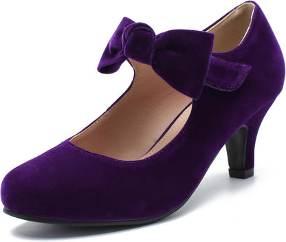Women’s Velvet Bow Mary Jane Heels – Low Block Dress Pumps