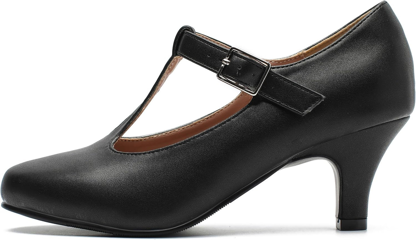 Women’s Mary Jane Heels – T-Strap Round Toe Mid Block Pumps