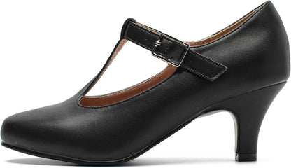 Women’s Mary Jane Heels – T-Strap Round Toe Mid Block Pumps