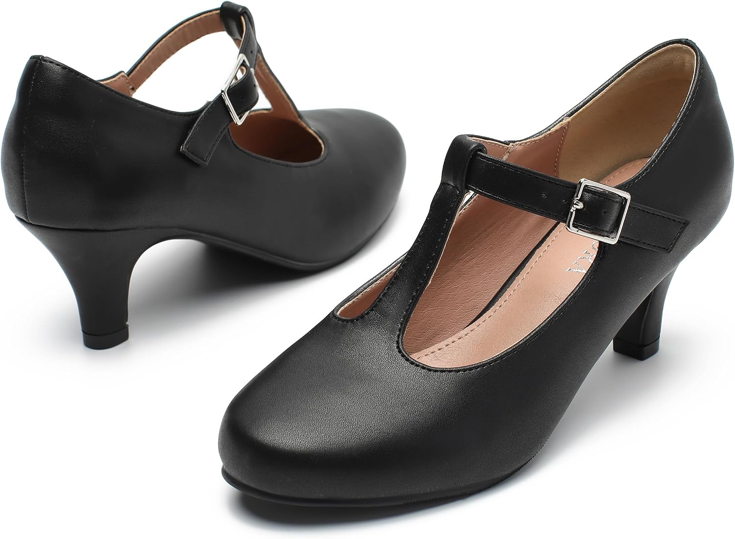 Women’s Mary Jane Heels – T-Strap Round Toe Mid Block Pumps