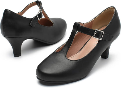 Women’s Mary Jane Heels – T-Strap Round Toe Mid Block Pumps