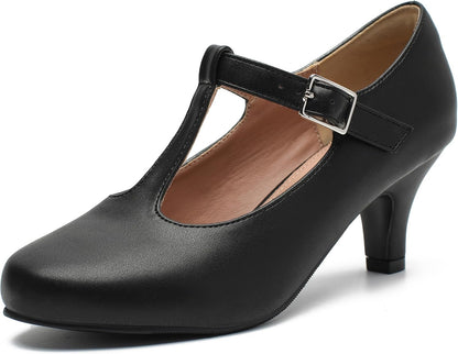 Women’s Mary Jane Heels – T-Strap Round Toe Mid Block Pumps
